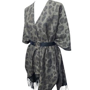 Woolrich Leopard Print Poncho Fringe One Size
